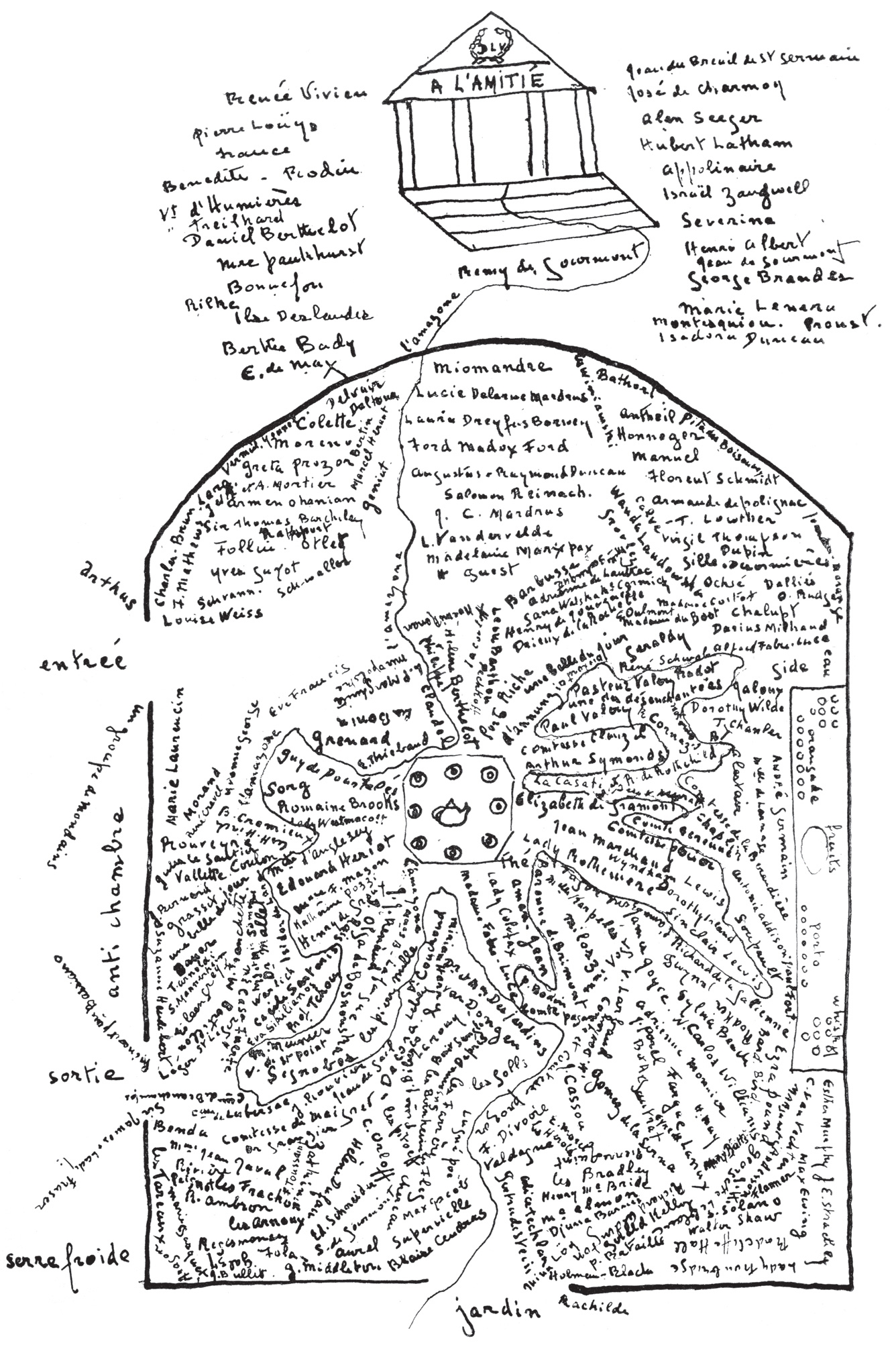 Carte du salon de l’Amazone entre 1910 et 1930. Natalie Clifford Barney, Aventures de l’esprit, 1929.