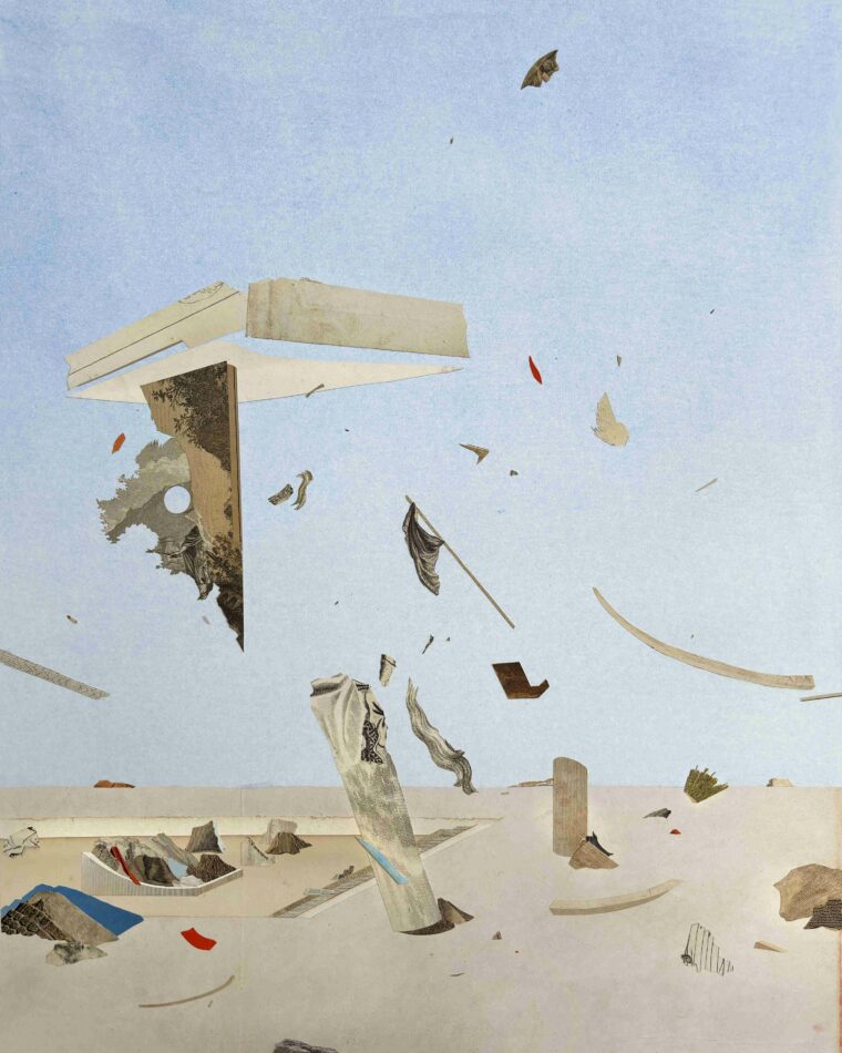 Paysage elliptique, Claire Trotignon, 2026. Pastel sec, collages de gravures sur contre collé canson, 40 x 50 cm